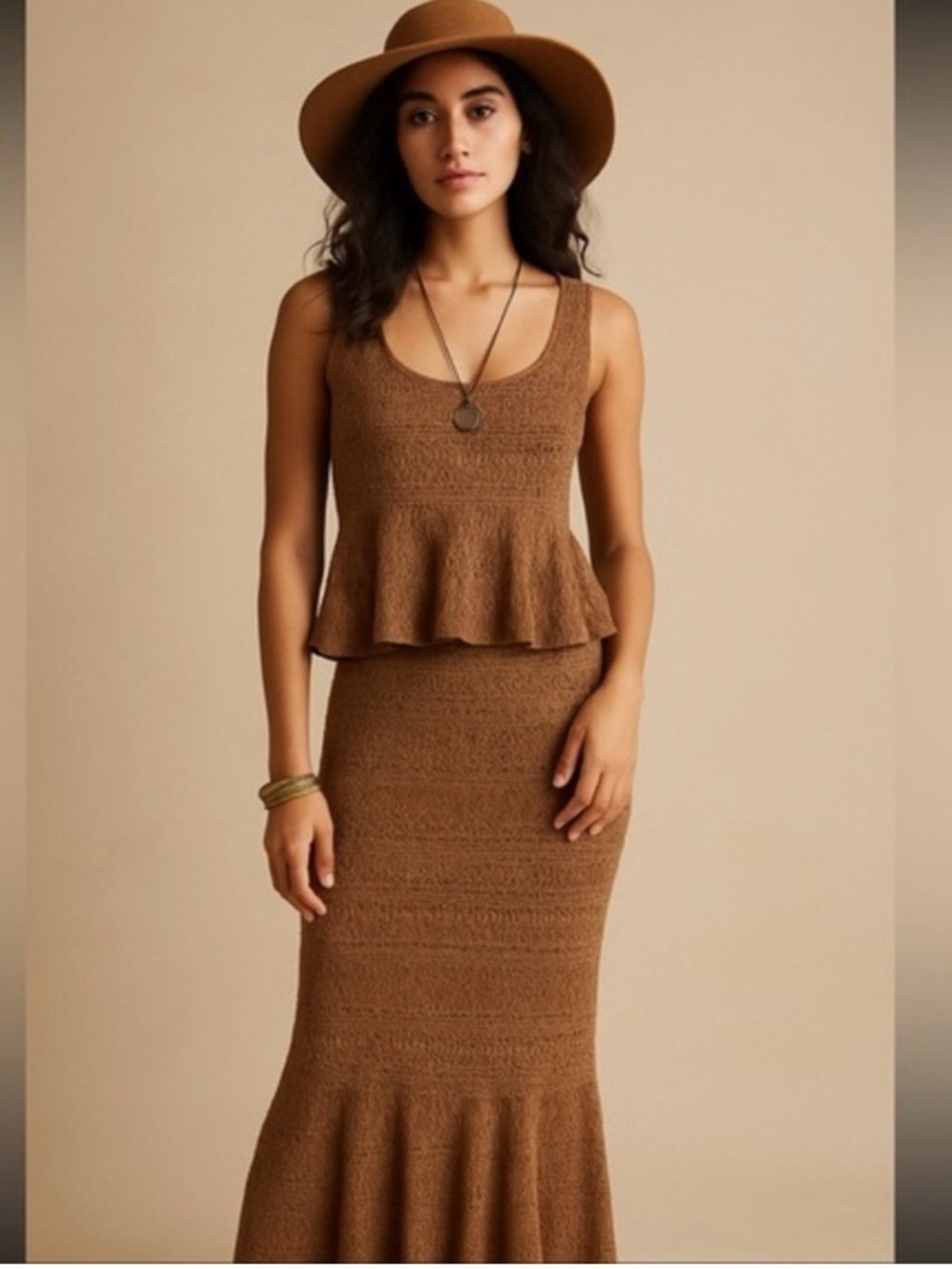 House of Harlow 1960 Brown Knit Peplum Maxi Skirt Set